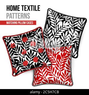 Pattern and Set of 3 matching decorative throw pillows with this pattern applied. Patterned cushion. Tropical leaves foliage pattern. Vector illustrat Stock Vector