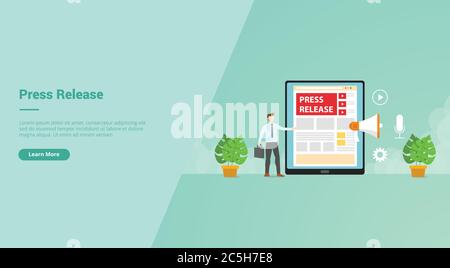 Press release Businessman give information using tablet internet video megaphone campaign for web website home homepage landing template banner with Stock Vector