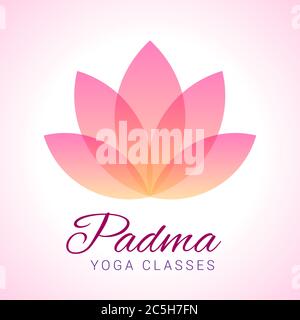 Colorful five-petals Lotus flower as symbol of yoga. Sample text - Padma, yoga classes. Vector illustration for yoga event, school, club, web. Stock Vector