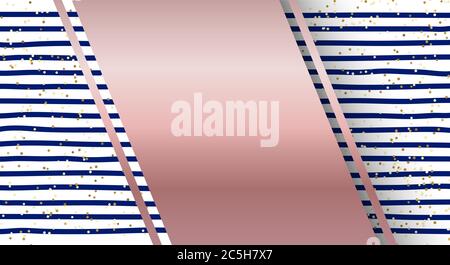 Abstract blue stripes pattern and gold glitter background with pink gold label. Vector illustration Stock Vector