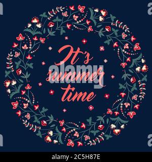 Midsummer floral vintage frame, Jacobean embroidery style flowers. Colorful herbal wreath on dark. Vector illustration. Herbal collection, red meadow Stock Vector