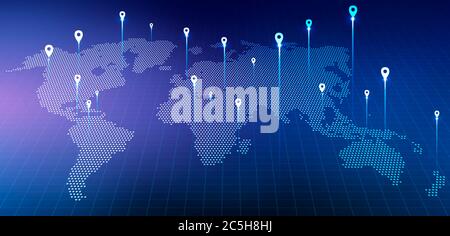 Holographic World Map With Locations Over Blue Background, Panorama, Collage Stock Photo