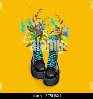 Trendy black boots with yellow lacing, colorful flowerson yellow background, vector illustration EPS 10 Stock Vector