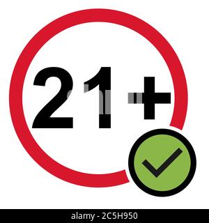 21+ do´s restriction flat sign isolated on white background. Age limit symbol. No under twenty one years warning illustration . Stock Vector