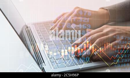 Collage with stock market data on virtual screen and businesswoman working on laptop Stock Photo