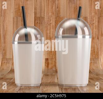 3d render of a white plastic shake cup with drinking straw and transparent lid on a wooden background Stock Photo