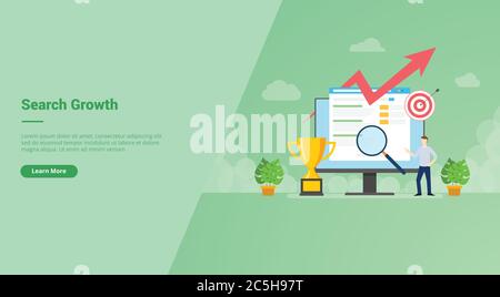 Man in front big screen search growth to achieve target campaign for web website home homepage landing template banner with cartoon style. Stock Vector