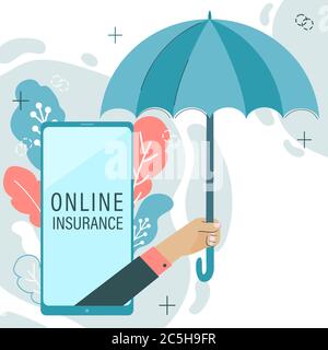 Hand holding umbrella from smartphone. Stock Vector