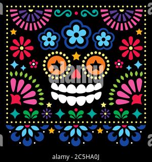 Mexican folk art vector folk art design with sugar skull and flowers, Halloween and Day of the Dead colorful pattern on black background Stock Vector