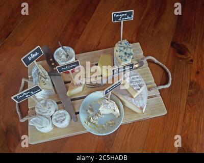 plate of Auvergne cheeses in a restaurant, Marsac en Livradois, Livradois-Forez, France Stock Photo