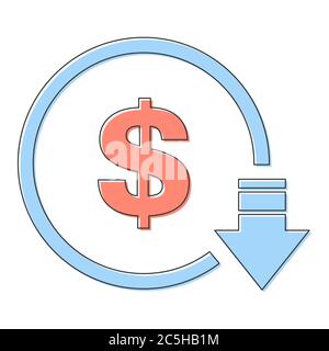 Cost reduction- decrease dollar icon. Vector symbol image isolated on background . Stock Vector