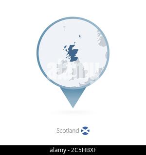 Map pin with detailed map of Scotland and neighboring countries. Stock Vector