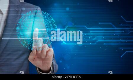 Businessman Scanning Finger Print Touching Virtual Panel On Blue Background Stock Photo