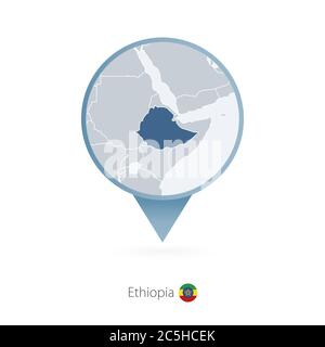 Map pin with detailed map of Ethiopia and neighboring countries. Stock Vector
