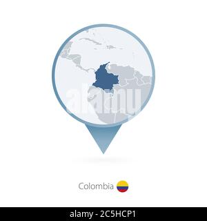 Map pin with detailed map of Colombia and neighboring countries. Stock Vector