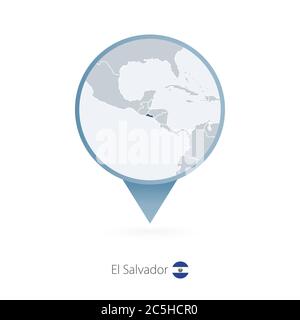 Map pin with detailed map of El Salvador and neighboring countries. Stock Vector