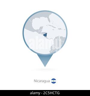 Map pin with detailed map of Nicaragua and neighboring countries. Stock Vector