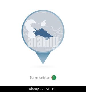 Map pin with detailed map of Turkmenistan and neighboring countries. Stock Vector