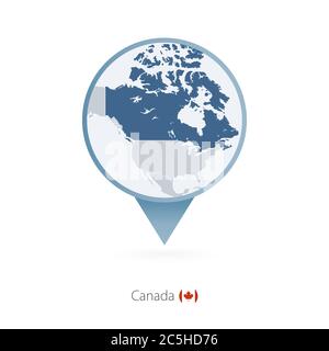 Map pin with detailed map of Canada and neighboring countries. Stock Vector