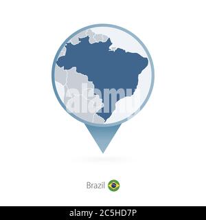 Map pin with detailed map of Brazil and neighboring countries. Stock Vector