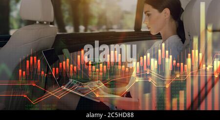 Business lady researching stock market on laptop in her car salon, collage with financial info on virtual screen Stock Photo
