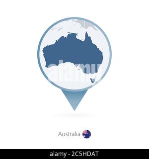 Map pin with detailed map of Australia and neighboring countries. Stock Vector