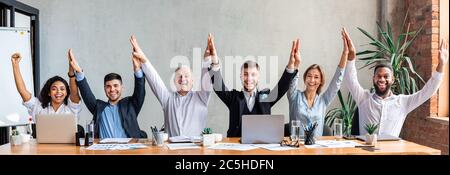 Happy Colleagues Celebrating Business Success Giving High-Five In Office, Panorama Stock Photo