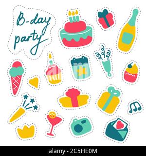 Sticker pack. Birthday, party, wedding. Hand-drawn icons. Vector Stock Vector