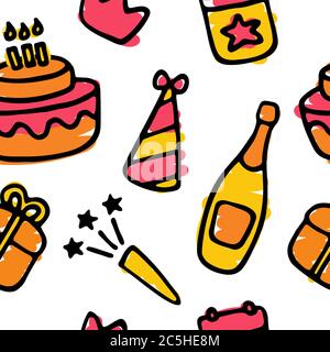 Holiday, birthday seamless pattern. Birthday party icon set. Hand drawn illustration. Vector Stock Vector