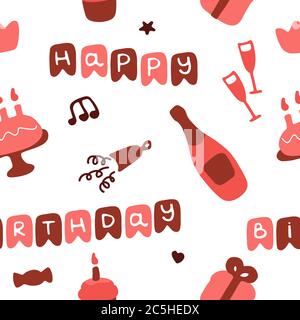 Hand-drawn birthday icon set. Celebration seamless pattern. Vector Stock Vector