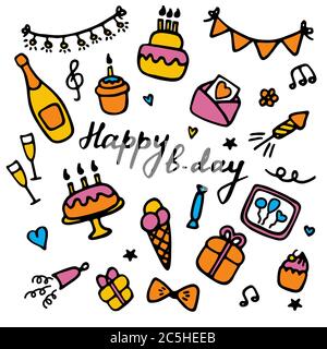 Birthdat party icon set. Hand drawn elements for banner, card, invitation, wrapping, digital. Vector Stock Vector
