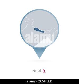 Map pin with detailed map of Nepal and neighboring countries. Stock Vector
