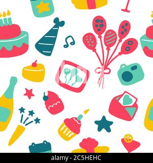 Holiday, birthday seamless pattern. Birthday party icon set. Hand drawn illustration. Vector Stock Vector