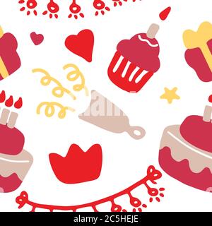 Holiday, birthday seamless pattern. Birthday party icon set. Hand drawn illustration. Vector Stock Vector