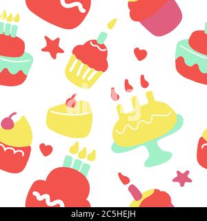 Hand-drawn birthday icon set. Celebration seamless pattern. Vector Stock Vector