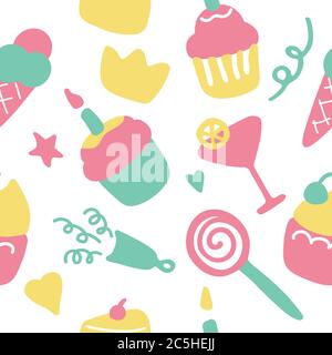 Hand-drawn icons of sweets and drinks. Pie, cake, cupcake cocktail ice-cream, lollipop. Vector Stock Vector