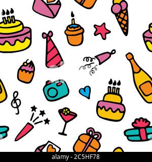 Birthday colorful pattern. Hand drawn elements for print and digital. Vector Stock Vector