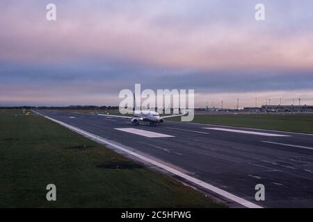 **EDIT FROM OCTOBER 2017** Dublin, Ireland. 23 October 2017.  Pictured: Ryanair Boeing 737-800 seen during its taxi run for take off in early morning at Dublin International Airport. Ryanair resumes flights schedule after aviation business shake up amid coronavirus (COVID19) crisis. Credit: Colin Fisher/Alamy Live News. Stock Photo