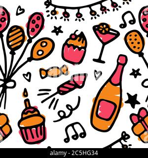 Hand-drawn birthday icon set. Celebration seamless pattern. Vector Stock Vector