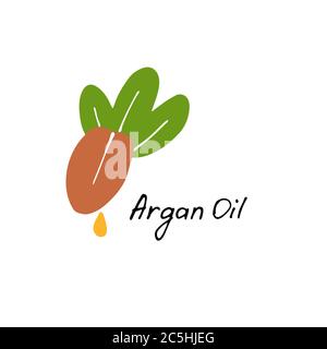 Argan butter. Cosmetic ingredient. Nutritional oil for skin care. Hand-drawn icon of argan nut. Vector illustration Stock Vector