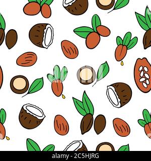 Cosmetic oils seamless pattern. Nuts from which squeeze oils. Nourishing oils for skin beauty. Vector icons Stock Vector