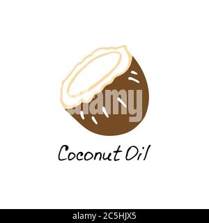 Coconut oil. Cosmetic ingredient. Nutritional oil for skin care. Hand-drawn icon of cocont and hand written inscription. Vector illustration Stock Vector