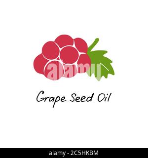 Grape seed oil. Cosmetic ingredient. Nutritional oil for skin care and health. Hand-drawn icon of grape and hand writting inscription. Vector Stock Vector