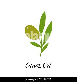 Olive oil. Cosmetic ingredient. Nutritional oil for skin care and health. Hand-drawn icon of olive and hand writting inscription. Vector illustration. Stock Vector
