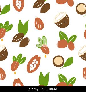 Cosmetic oils seamless pattern. Nuts from which squeeze oils. Nourishing oils for skin beauty. Vector icons Stock Vector