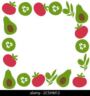 Avocado, tomato cucumber olive frame. Organic healthy vegetable wallpaper. Doodle vegetable print and web. Vector illustration Stock Vector