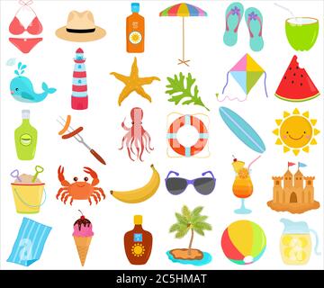 Vector of Summer season set, seasonal decoration theme in flat design illustration. Bundle of cute colorful icon collection isolated on white backgrou Stock Vector