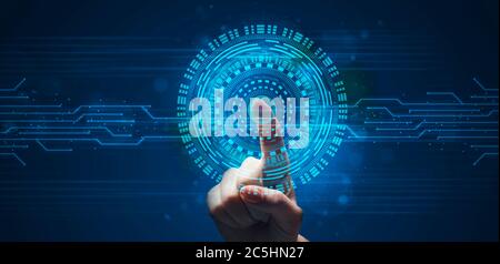 Finger Touching Virtual Panel Scanning Fingerprint For Verification, Blue Background Stock Photo