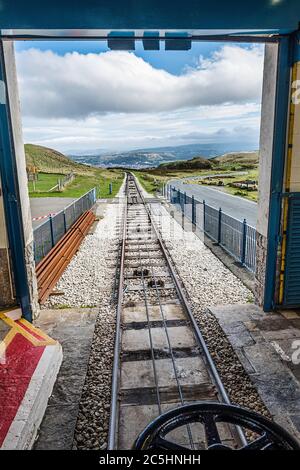 The Great Orme Tramway looking down the tracks from just below the summit. Stock Photo