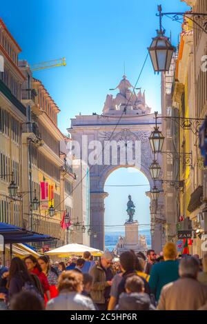Lisbon, Portugal - March 27, 2018: People going to Rua Augusta Arch located at Commerce Square Stock Photo